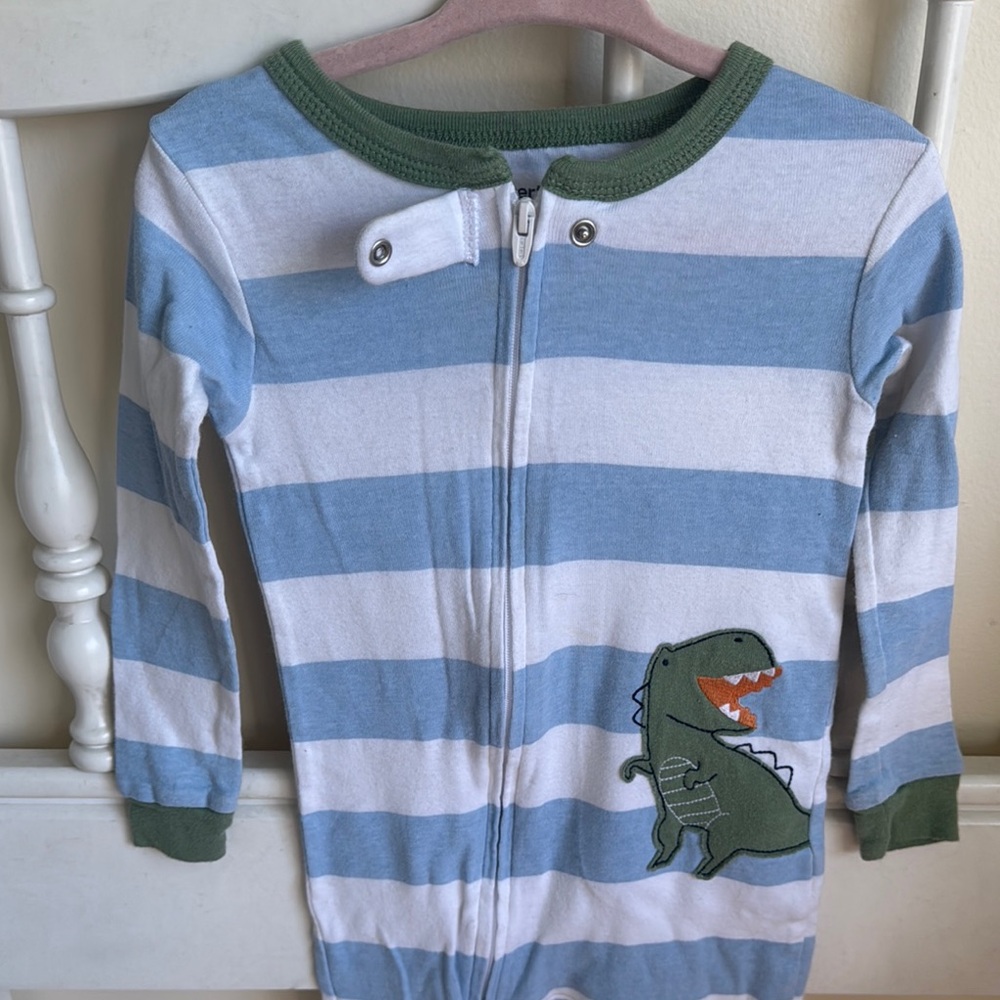 Carters Striped Blue and White Kids One Piece footie pajamas Dinosaur Patch - Picture 3 of 6